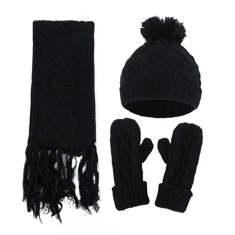 Черный 3 In 1 Women Winter Girls Rhombus Cable Knit Warm Beanie Hat Scarf Gloves Set - Цвет: Черный