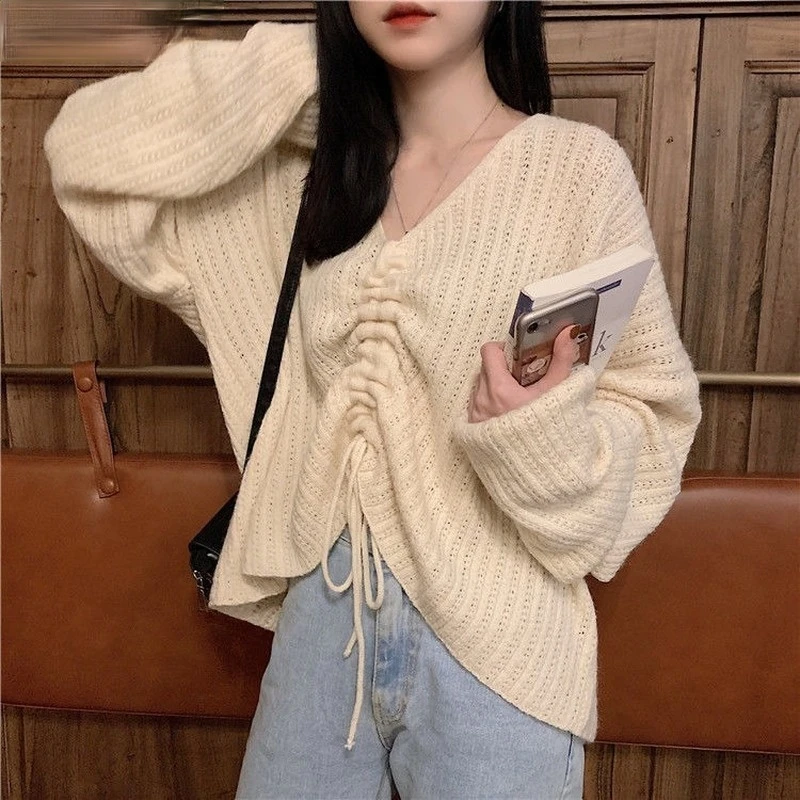 Pullovers Women Sweaters Ruched Drawstring Knitted V-Neck Long Sleeve Top Jumper Sweater Harajuku Outfit Sweet Lovely Chic Loose | Женская
