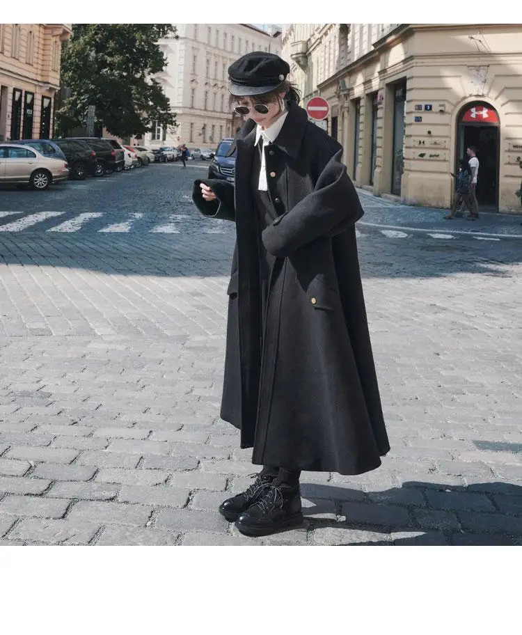 Photo Shoot Autumn& Winter New Style Korean-style Loose-Fit Hepburn-Style Black And White with Pattern Duffle Coat Long Ca
