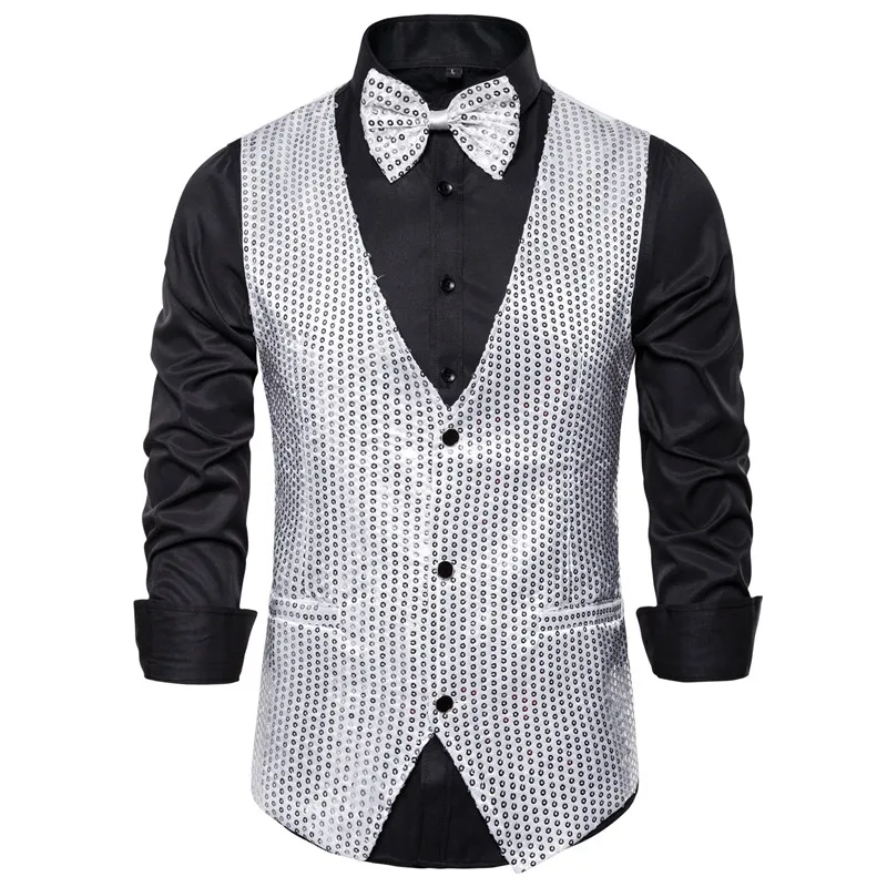 silver vest 5 Модный мужской Блестящий блейзер с золотыми блестками, мужской блейзер для ночного клуба, костюм для свадебной вечеринки, одежда для певцов - Цвет: silver vest 5