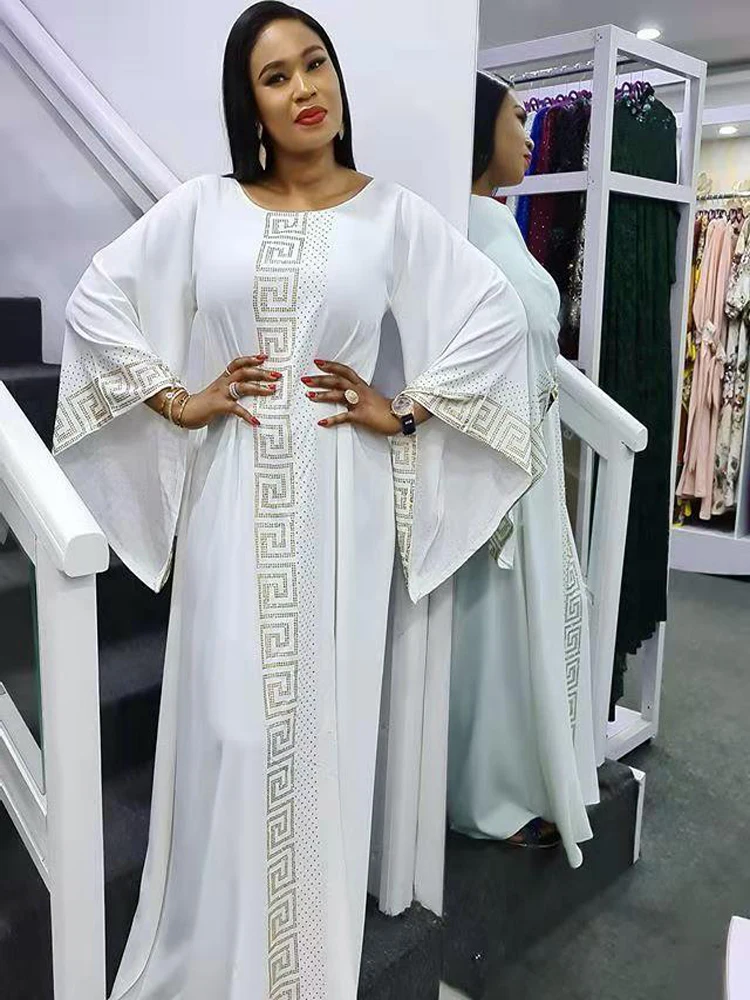 Solid Winter African Dresses For Women 2021 Muslim Maxi Dress Floor-Length Ethnic Style Diamonds Long Sleeve Femme Robe Abaya