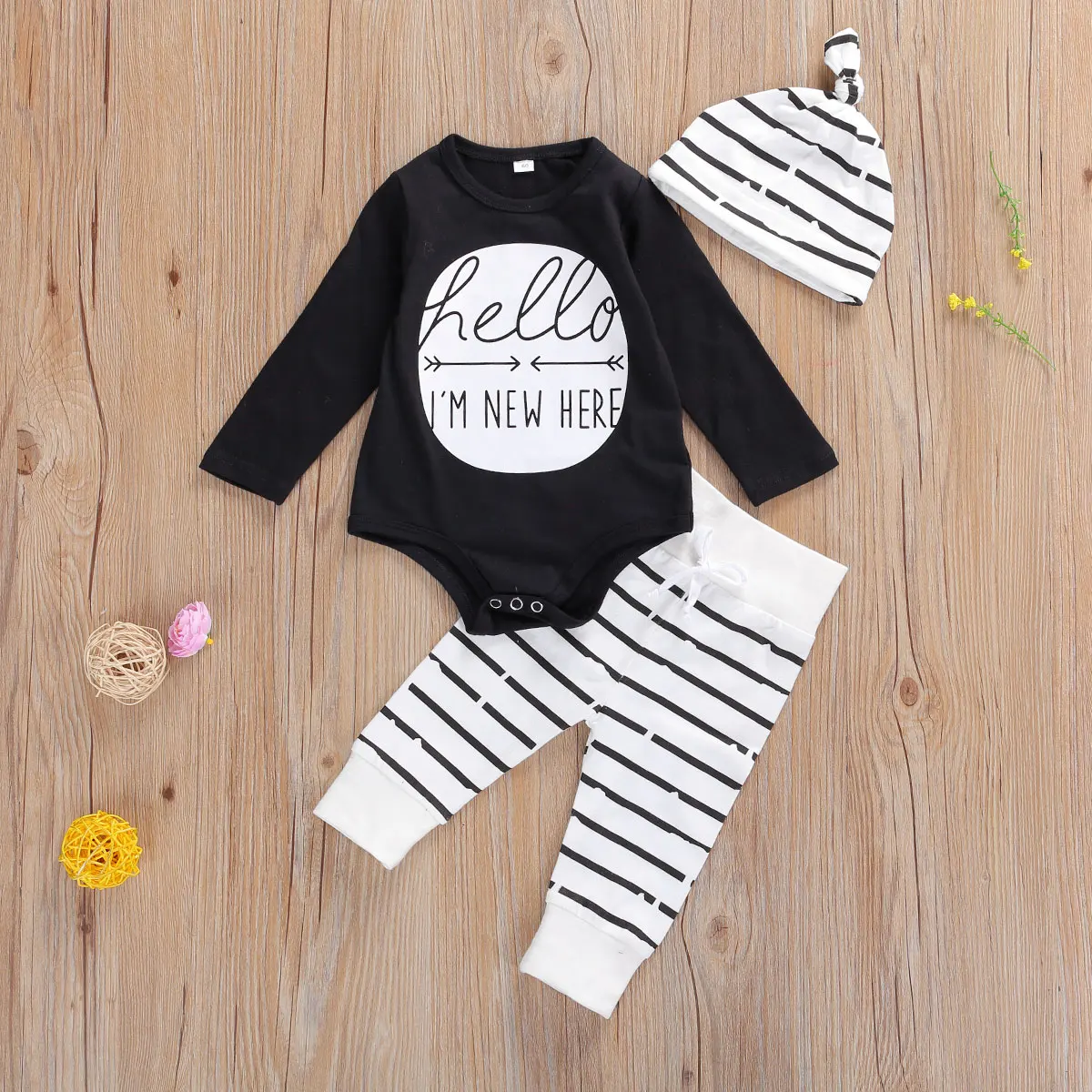 

Emmababy Newborn Baby Boy Clothes Fresh Letter Printed Long Sleeve Romper Stripe Long Pants Hat 3Pcs Outfits Newest Fashion Set