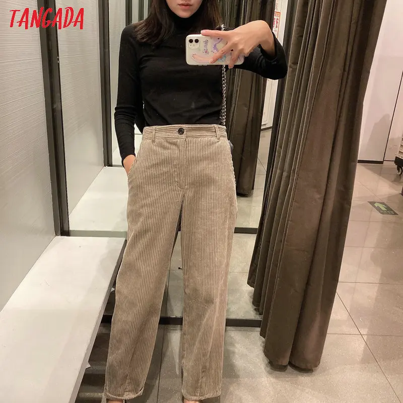 Tangada, женские шикарные вельветовые брюки с высокой талией, на пуговицах, для офиса, женские стильные брюки, женские длинные брюки, 6P23