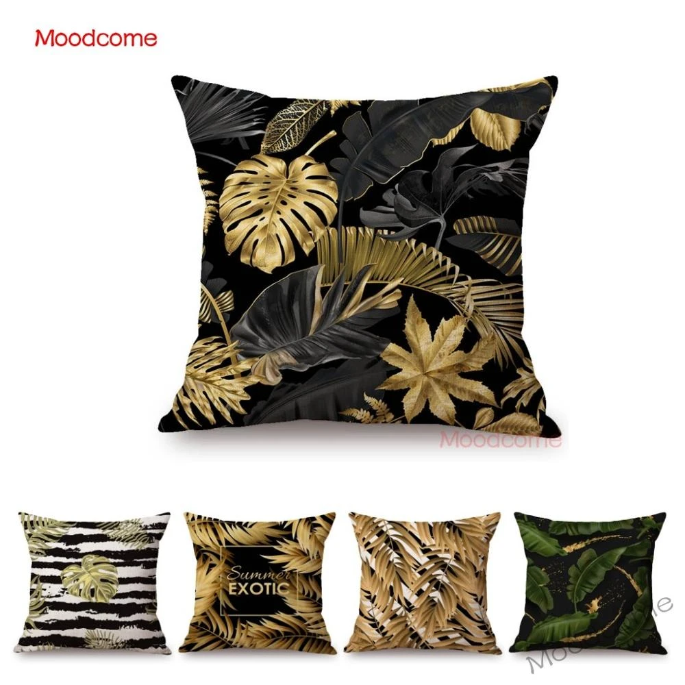 Housse de coussin élégante en lin et coton, fond noir et or, plante  tropicale, feuilles de palmier, décoration de la maison, canapé | AliExpress