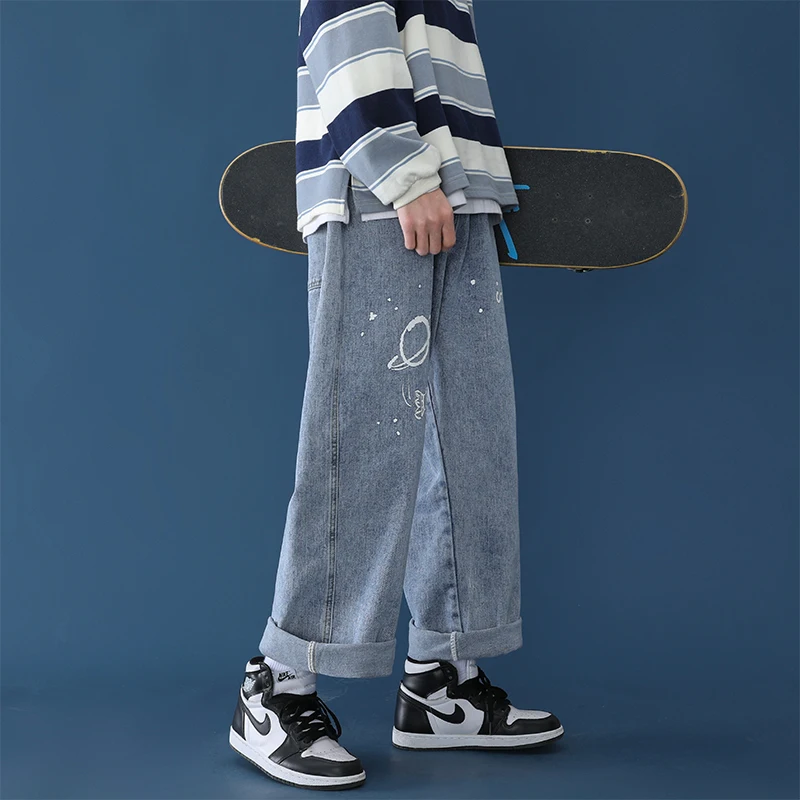 Graffiti jeans man straight skateboard loose chic salt series versatile wide leg daddy high street fashion hip hop streetwear new goth pants graffiti smiling face print baggy jeans women straight loose american couples street y2k high waist slouchy jeans