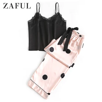 

ZAFUL Lace Panel Polka Dot Cami Pajama Pants Set For Women Spaghetti Strap Pajamas Lady Fashion Sleepwear Mix And Match