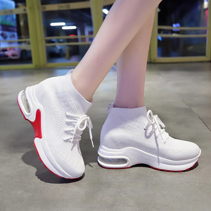 Кроссовки на высоком каблуке 7 см Женская обувь из сетчатого материала платформе