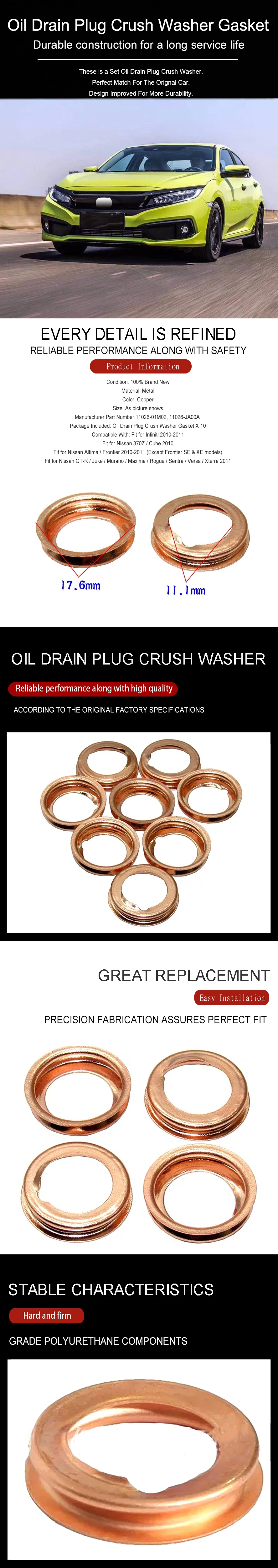 Wooeight 10Pcs 1026-01M02 11026-JA00A Oil Drain Plug Crush Washer Gasket fit for Nissan Altima 370Z Cube Frontier Infiniti 2010 (9)