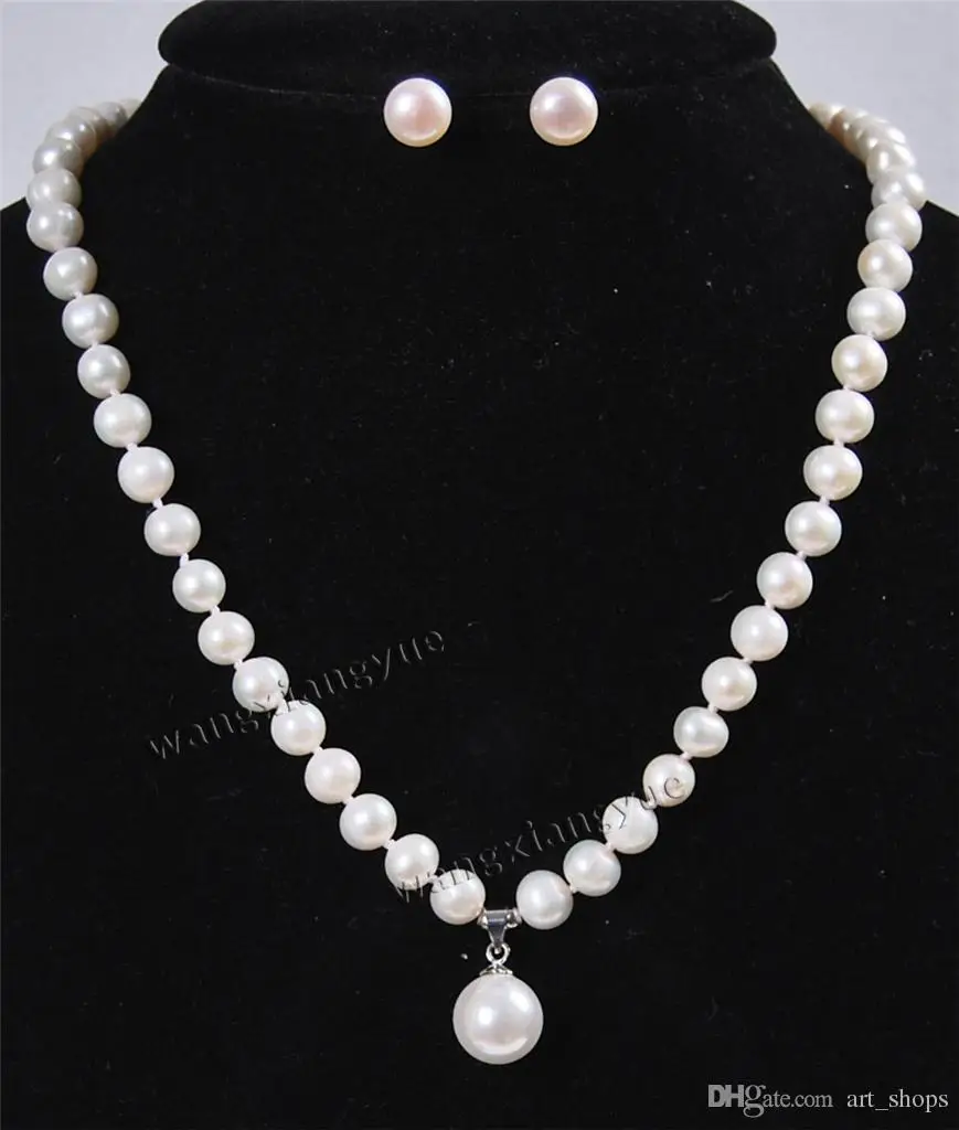 

7-8MM White Akoya Cultured Pearl/Shell Pearl Pendant(12MM) Necklace Earrings set