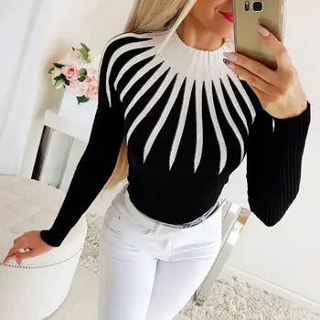 

Women Autumn Long Sleeve Sweater Color Block Radial Striped Ribbed Knitted Pullover Tops Turtleneck Bodycon Winter Warm Jumper