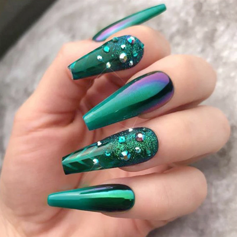 Newest Nail Stickers Glue Super Long Coffin Armor Dark Green Ballet Diamond Wearing Art Light Easy to Replace | Красота и здоровье