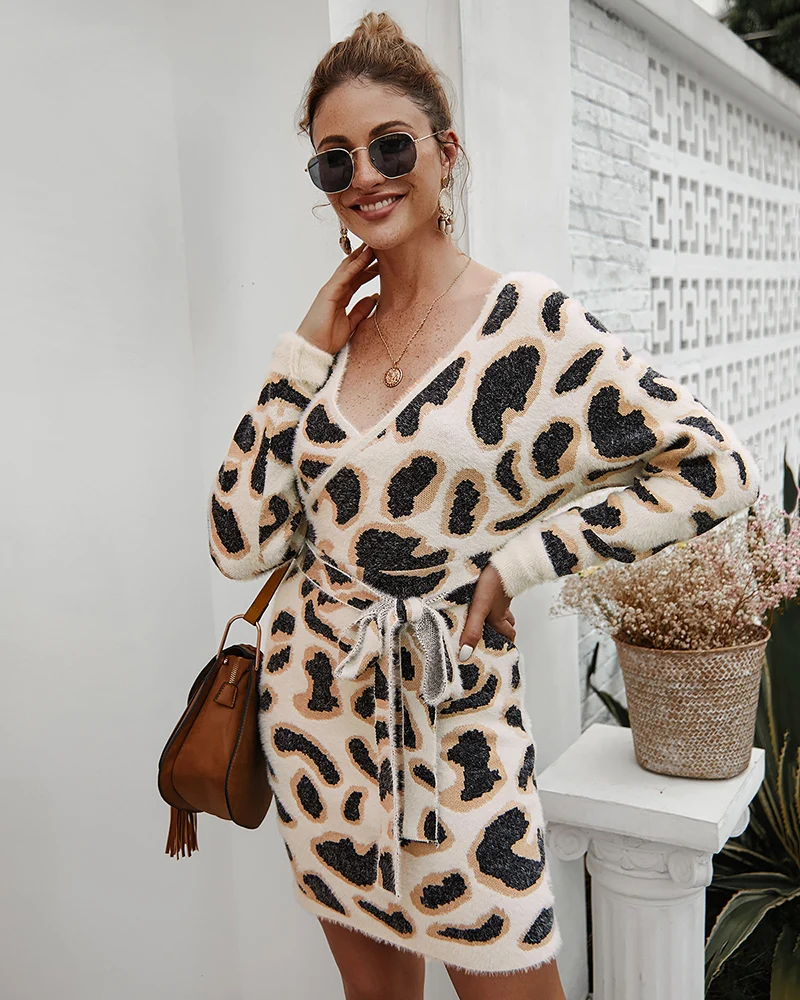 Abardsion, женское леопардовое трикотажное платье, осенняя зимняя одежда, Vestidos, длинный рукав, v-образный вырез, облегающий свитер, платья