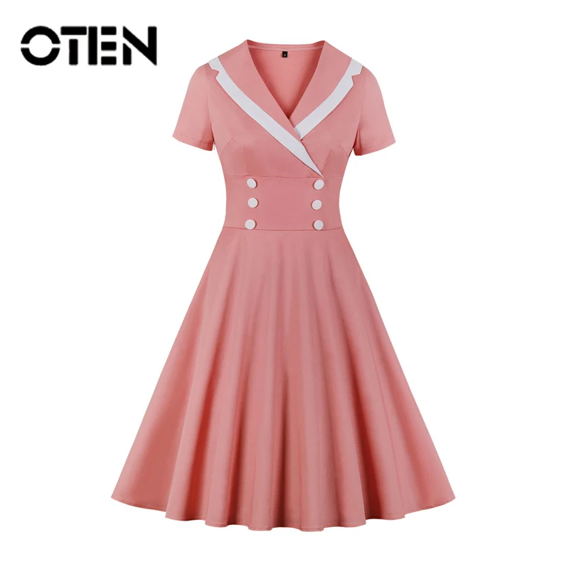 OTEN Pin Up женские платья милые студенческие трапециевидные с высокой талией винтажные Лоскутные с коротким рукавом летние вечерние на пуговицах Свинг Хепберн