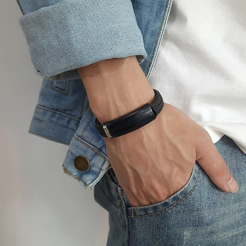 Vnox pulsera negra personalizada para hombre, brazalete de silicona de goma de textura trenzada de acero inoxidable, pulsera informal elegante|Personalizado Pulseras| - AliExpress