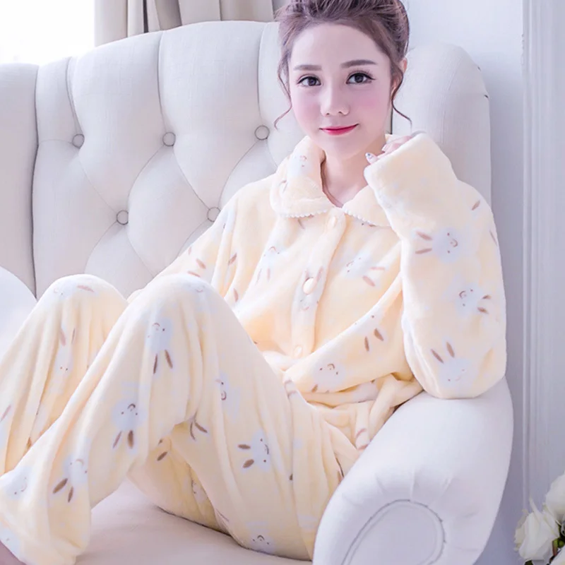 women pajama yellow Пижама женская Xxl Коралловая флисовая Пижама женская зимняя с длинным рукавом зимняя Пижама женская Фланелевая Пижама женская теплая Печать M L XL Xxl - Цвет: women pajama yellow