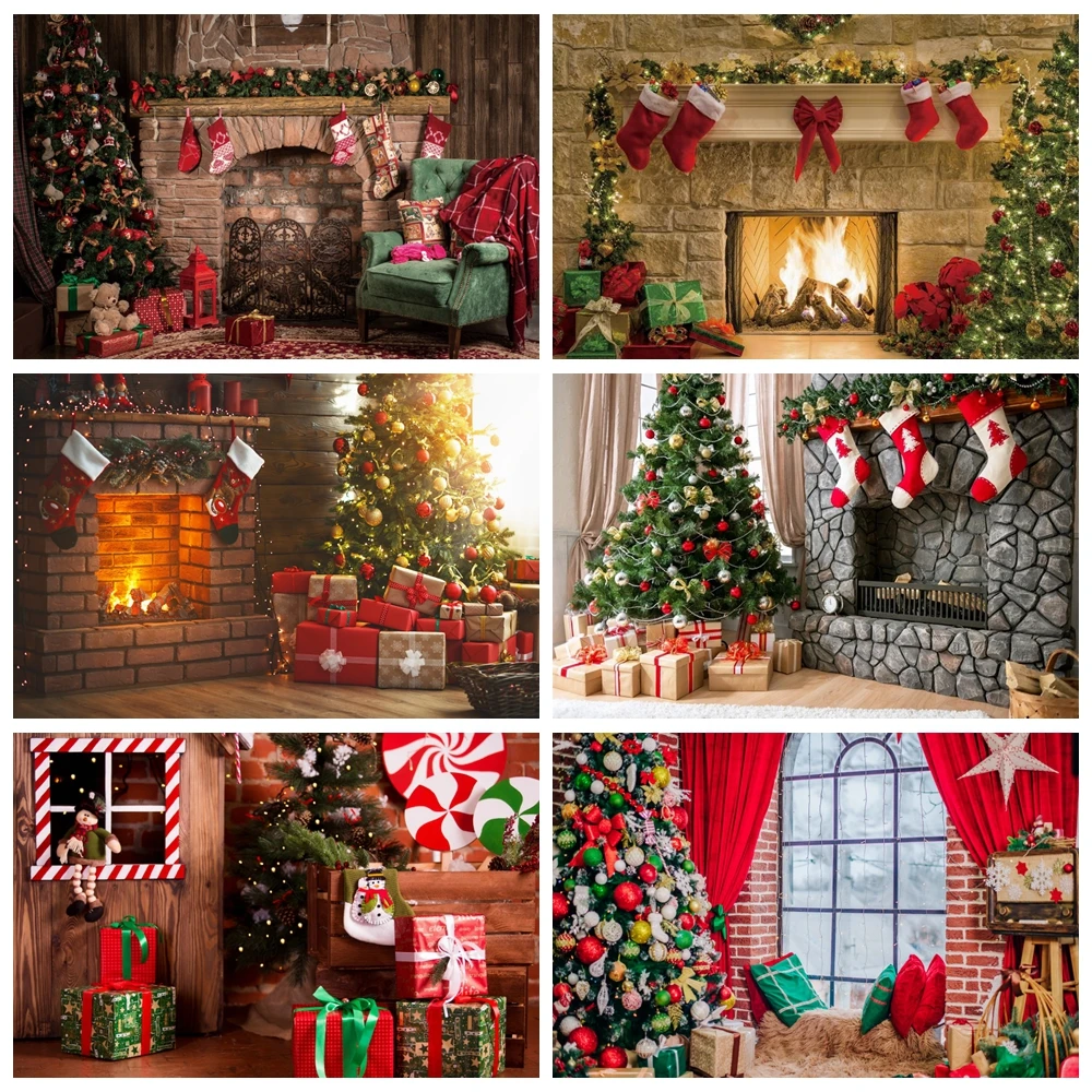 Laeacco 7x5ft Merry Christmas Backdrops Vinyl Photograph Background Fireplace Christmas Tree Snowflake Windowsill Scene for Studio Props Photo Studio