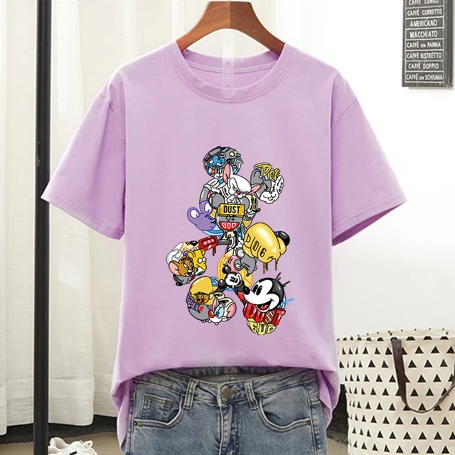 Disney Colorful Mickey Mouse T Shirt Women 2021 Summer Tshirt Graphic Tee Cool Women T-shirt Female Tee Shirt 90s Aesthetic Tops Purple