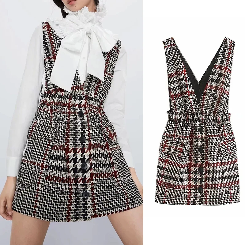 Женское однобортное клетчатое платье Za элегантное винтажное ТРАПЕЦИЕВИДНОЕ