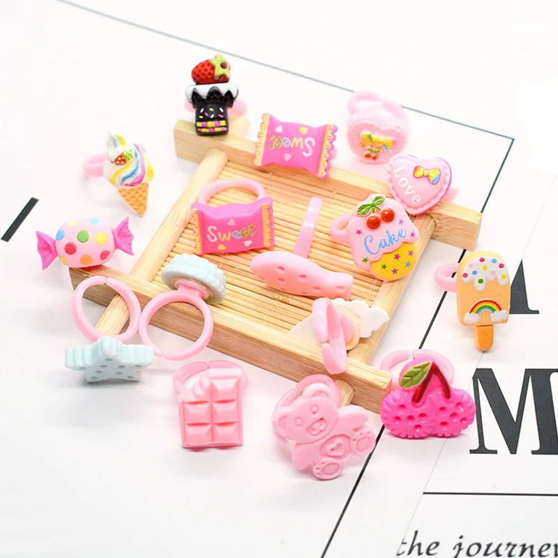 Cute Kids Rings Candy Color Korea kawaii Cartoon Cake Dessert Rings 20pcs/lot Children Girls Jewelry Gifts For Child ring set finger ring adjustable rings