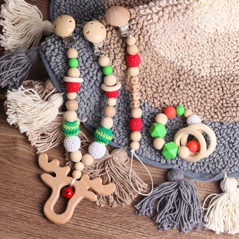 

Wooden baby toys Christmas Elk pacifier clips pacifier holder Silicone Beads Dummy Clip Baby DIY For Kids Stroller Toys