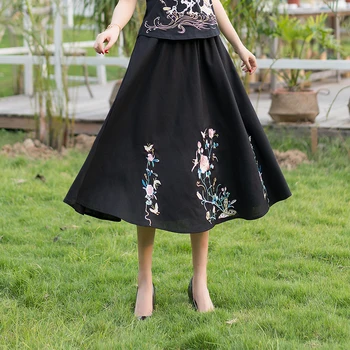 

Embroider skirts womens autumn spring ethnic design long elastic waist black blue embroidery a-line midi skirt