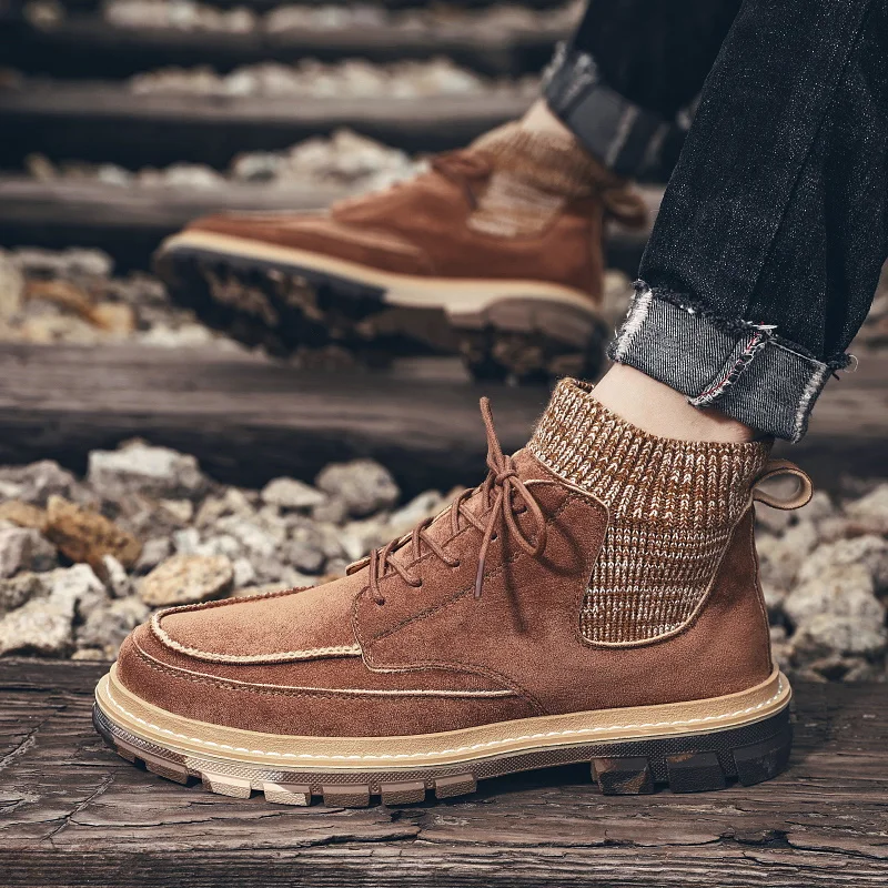 New Men Autumn Boots Brand Fashion Men Sock Work Boots for Mens Suede Leather Men Boots Comfortable Outdoor Casual Shoes