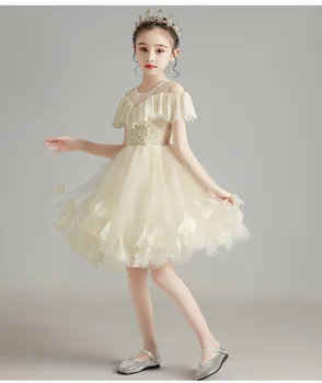 

Summer Champagne Beads Lace Banquet Kids Dress For Girl Princess Girl Children Elegant Dress Evening Flower Girl Wedding Clothes
