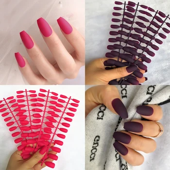

24 pcs / set rose red/grape purple ballet medium long false nails press on nails acrylic matte flat headed wearable fake nail