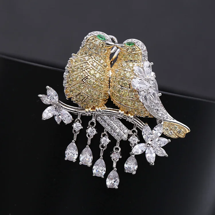 1PCS Gold Plated Double Love Bird CZ Brooch