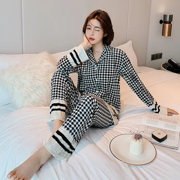 

Lisacmvpnel Winter New Gold Velvet Women Pajama Set Plaid Print Fashion Long Sleeve Suit Keep Warm Pyjamas