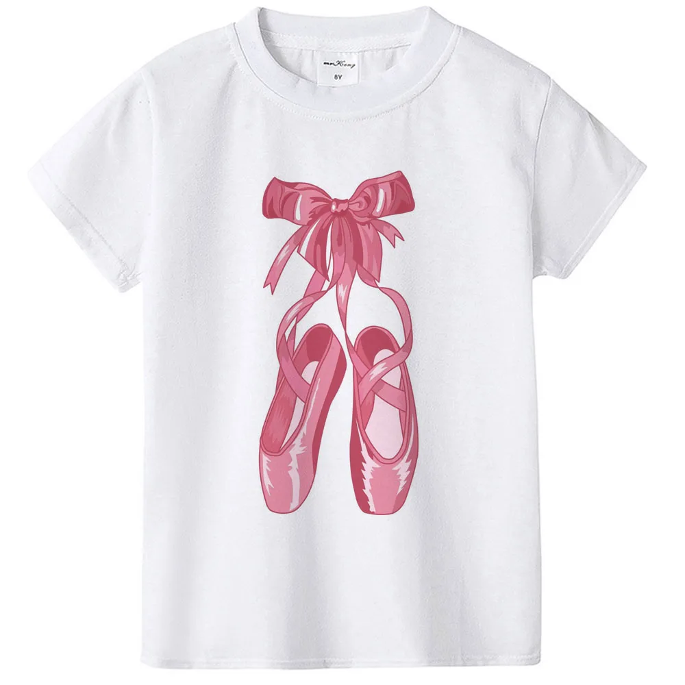 Pretty Bowknot Ballet Shoe Print Girls T Shirt Harajuku Casual T-shirt for Girl 2-12 Years Kids Clothes Child Tops Short Sleeve 4