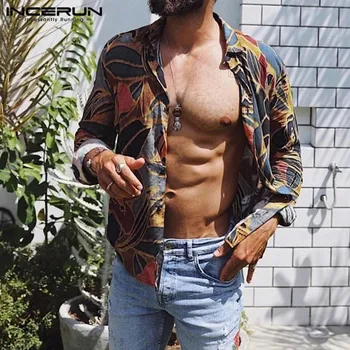 

INCERUN Stylish Printing Men Casual Shirt Long Sleeve Turn-down Collar Vacation Blouse Streetwear 2020 Hawaiian Shirts Men S-3XL