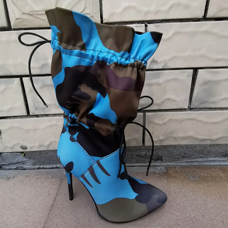 

Women Winter Warm Ankle Boots Ladies Sexy Pointed Toe Botas Female Lace Up Canvas Camouflage Thin High Heels Fashion Woman Shoes