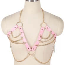 Punk Leather Harness Cage Bra Belt Lingerie Fetish Women Body Metal Chain Gothic Sexy Tops Caged Bralette Halloween Dance Rave