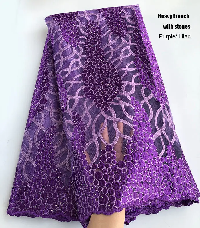 Purple LILAC 5 ярдов тяжелое подлинное французское кружево аккуратная вышивка африканский тюль кружевная ткань с камнями вам понравится высокое качество горячая распродажа - Цвет: Purple LILAC
