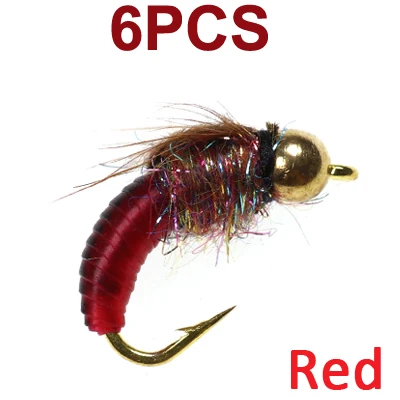 6pcs Red Vampfly 6 шт. Рыболовные Мухи латунные бисерные головки быстрое просеивание Nymph Scud муха Жук червь муха Caddis Pupa поддельные приманки в виде насекомых для ловли нахлыстом - Цвет: 6pcs Red