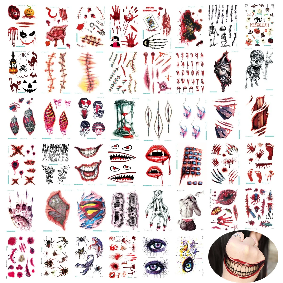 Stitched Wound Scary Tattoo Sticker Halloween Temporary Tattoos for Lady Women 3d Reality Vampire Blood Scar Design Deco | Красота и