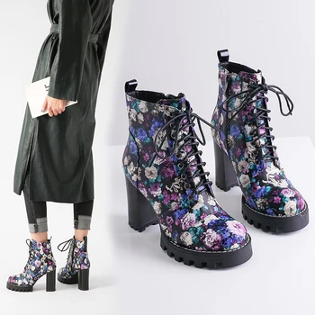 

European and American women's boots round head thick heel waterproof platform high heel Martin boots lace up short boots