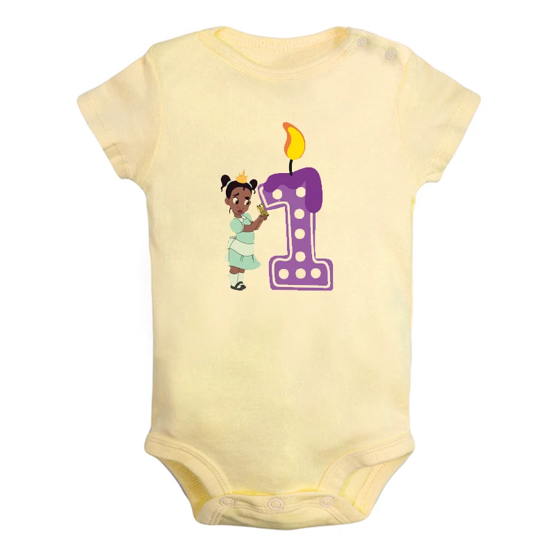 

Cute Little Tiana Aurora Snow White 1st Birthday Candle Newborn Baby Outfits Jumpsuit Printing Bodysuit Clothes Birthday Gift