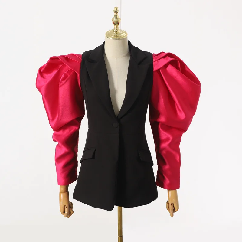 [MENKAY] модный Женский блейзер с рукавами-розами, кардиган на пуговицах, тонкое короткое пальто, куртка для женщин на осень и зиму, стиль - Цвет: red