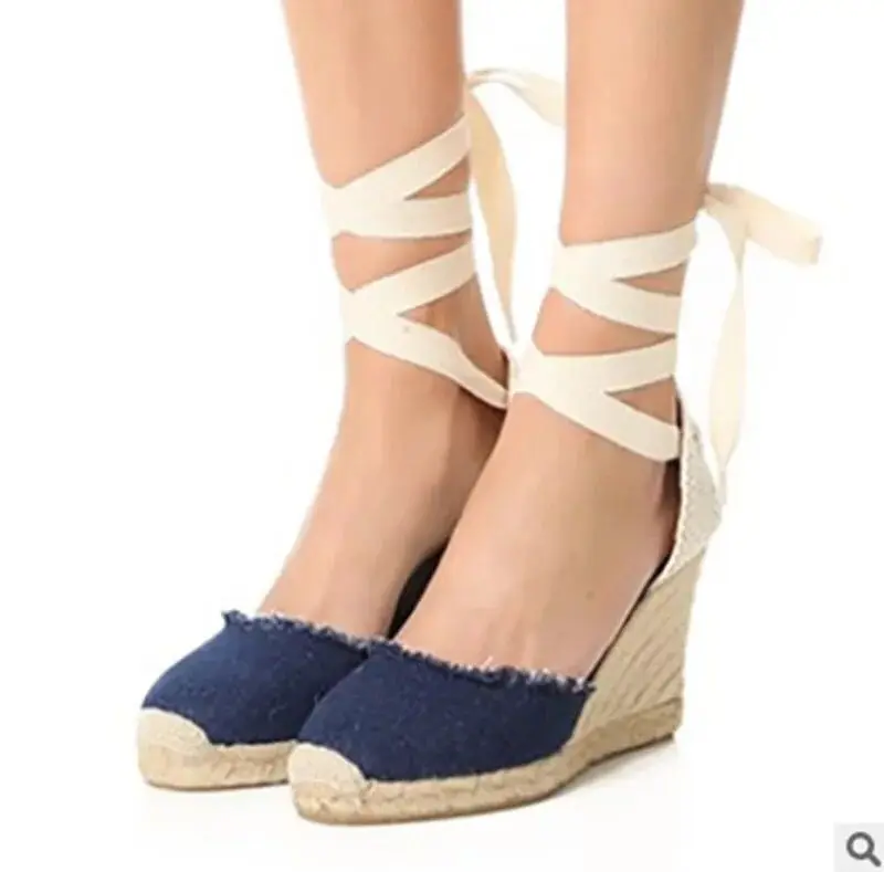 Summer Platform Wedges Sandals Women Canvas Espadrilles Sandals Ankle Strap High Heels Gladiator Sandals INSTA Shoes Woman - Цвет: Синий