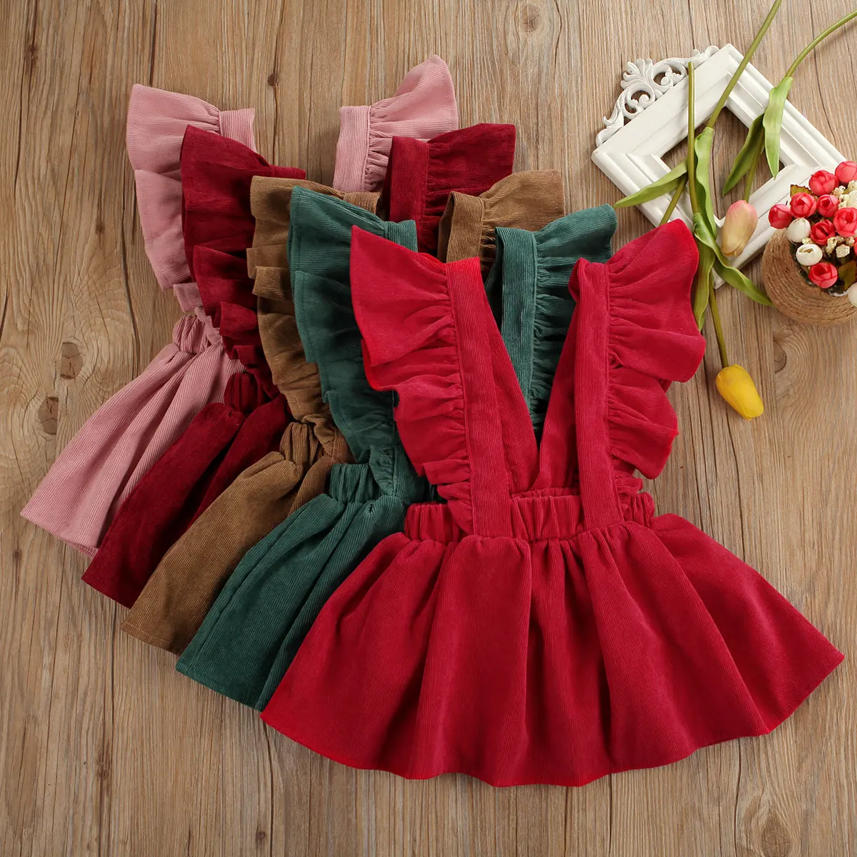 Детское вельветовое платье на подтяжках для маленьких девочек мини-платье на бретелях с рукавами-крылышками детское однотонное платье-пачка в английском стиле для девочек ТРАПЕЦИЕВИДНОЕ От 1 до 6 лет