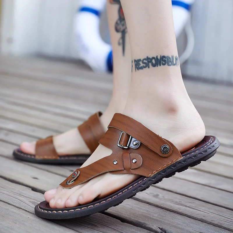 

2020 New Summer Men Slippers Genuine Leather Anti-slip Slides Large Size Leisure Black Brown Slippers Men Shoes Beach