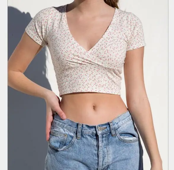 

women floral print crossover v-neck short sleeved Top Cotton Blend Crop Tee Camis Brandy Tops Women Mel Crop Tops Tees