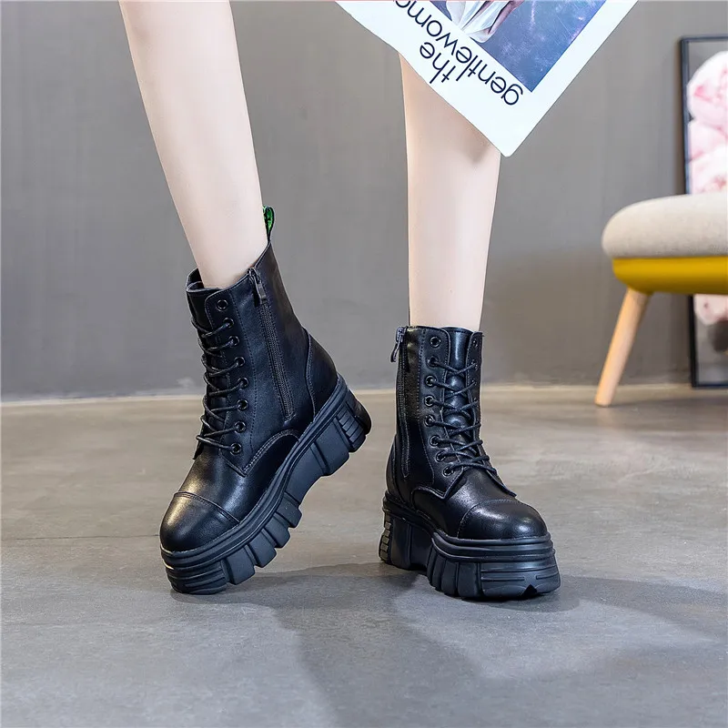 Cena RASMEUP buty z prawdziwej skóry kobiet Martin buty platformy kobiet jesień czarne buty na motocykl wodoodporne buty na grubym obcasie