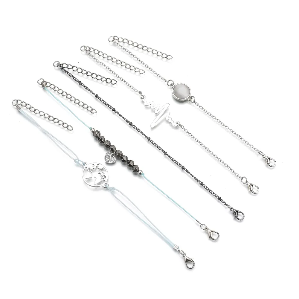 Cross-border Simple Electrocardiogram Black Bead Map Bead Chain Round Stone Set Jewelry