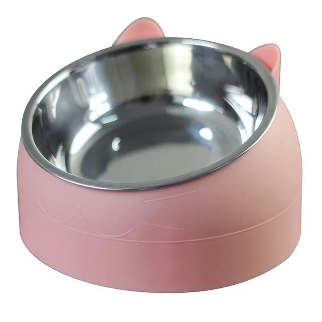 Cat Dog Bowl 15 Degrees Raised Stainless Steel Non Slip Puppy Base Cat Food Drinking Water Feeder Tilt Safeguard Neck Pet Bowl 6