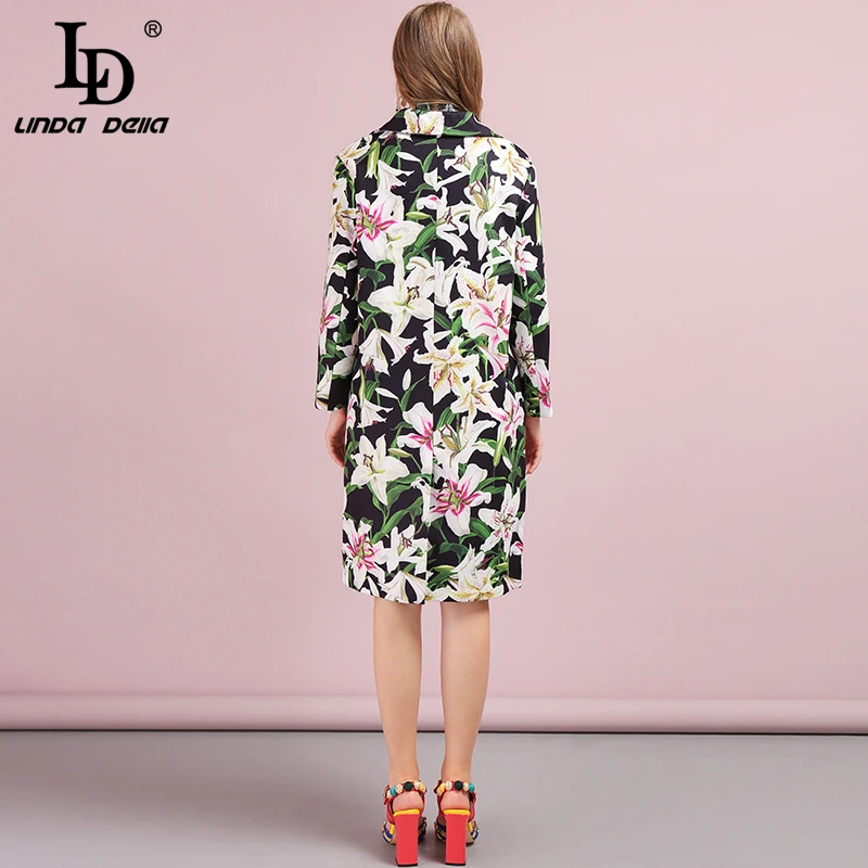 LD LINDA DELLA Autumn Winter Outwear Women's Coats Long Sleeve Floral Printed Button Beading Elegant Vintage Ladies Overcoat