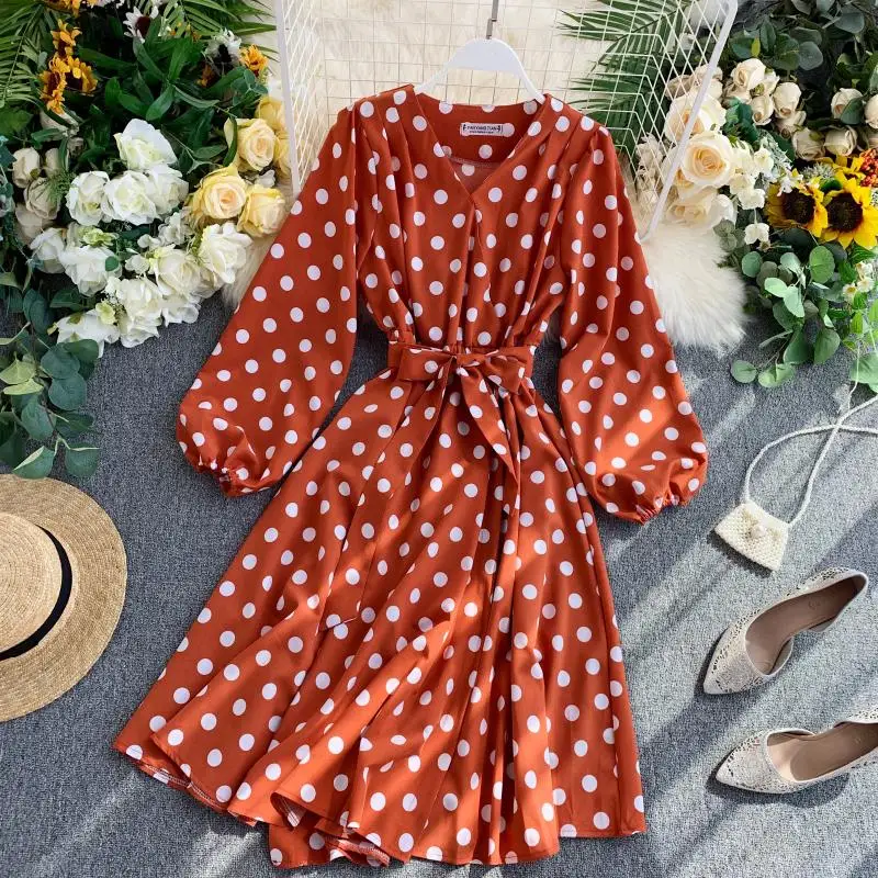 YuooMuoo Fall Korean Style Women Polka Dot Midi Dress Ins Hot Sashes Vintage Elegant Long Sleeve Green Dress Ladies Dresses