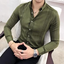 Корейская одежда мужская Осенняя ретрорубашка Мужская рубашка в полоску с длинными рукавами приталенная Деловая одежда мужская рубашка Camisa Masculina